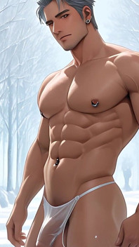 Mature Silver Fox Model Standing Nude in Glass House Winter Wonderland