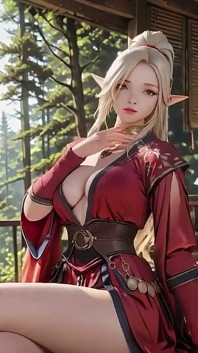 赤いローブのエルフ魔女!日差しの森のテラス、ひざまずく視線が一瞬で溶けてしまいます