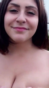 Hot babe with huge tits sucks two big cocks and fucks outdoor