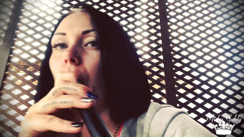 Goddess Misha Goldy: Blowing shisha smoke from itching nose and scratching it all...