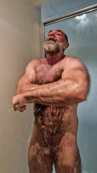 Hairy Muscle Bear Flexes and Showers