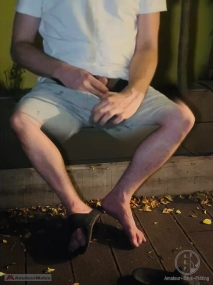 AmateurBoysPissing: Amateur Twink in Adilette Sandals Wets Himself in the Garden...