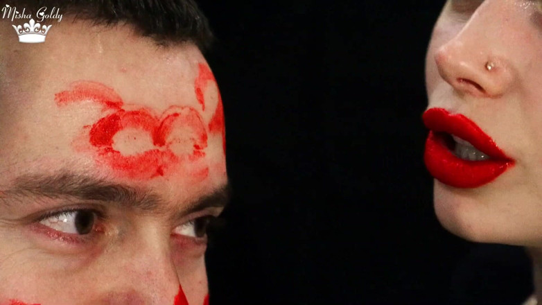 Goddess Misha Goldy: Covering Alex face with red lipsticks kisses