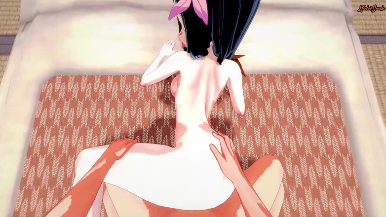 Hentai Smash: Punto di vista scopa Nezuko Kamado sul pavimento e sborra...