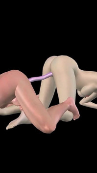 Animované 3D porno - krásná dívka a asijský muž dvojitý dildo zezadu, zatímco muž Hoking