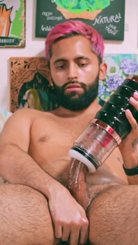 Big Uncut Cock Latino Edging with Oil and Automatic Masturbator Until He Shoots a Big Peecum Load