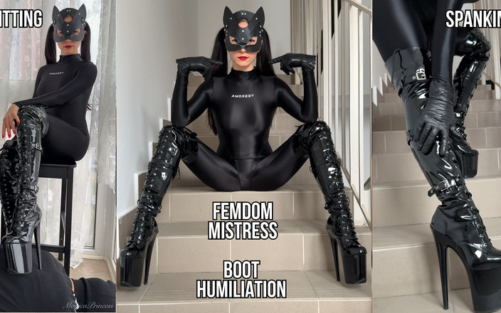 Princess Monica: Puan dalam pakaian kucing nilon dan but tinggi lutut menghinakan...