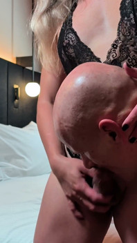Tgirl Zoe Fucks Old Man His Mouth and Cums on His Tongue, He Eats Her Cum