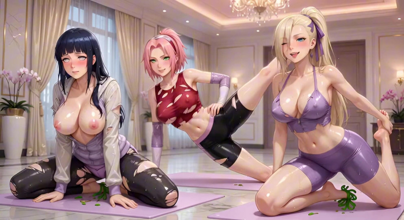 Ianimedia: ナルト女子ヨガクラス ワイルドさくら、日向イノ 大きな胸のからかい