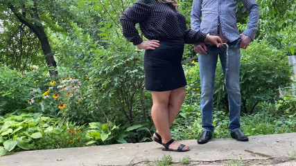 Thumbnail of Stepmom holds stepson's cock while he pisses outside