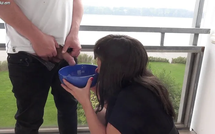 Piss Drinking Wife: Piss orgy with three guys on the balcony