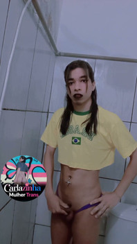 Carlazinha the Belly Button Pierced Whore Pulls Her Purple Panties to the Side and Shows Her Wet Cock