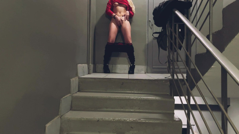 Aleks Sam: Red Hoodie, Public: Bent Down on the Steps, Damp Doggy...