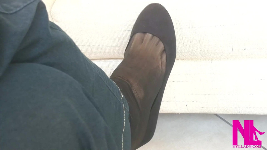 Dangling in Black Flats and Black Nylon Socks (Nyllady)