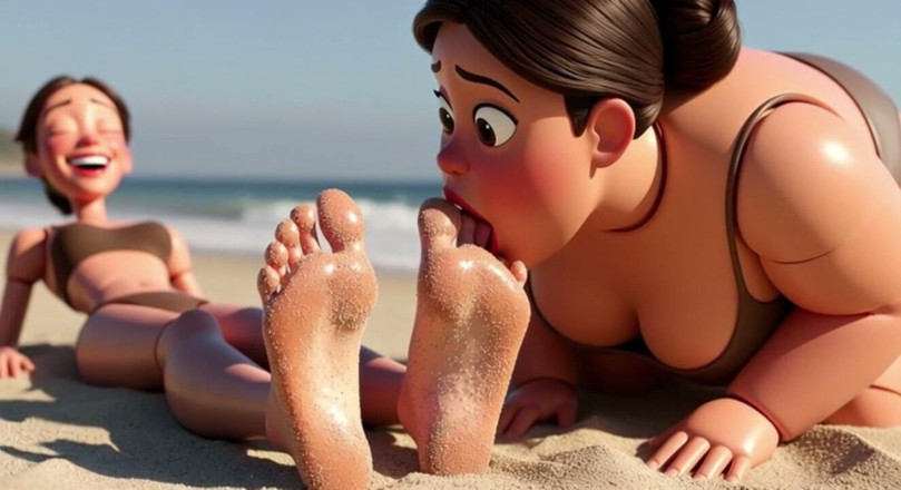 YOUR BEST FANTASY: Dikke vrouw likt zanderige voeten van mager meisje - Strandvernedering