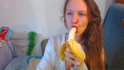 AnnaNotIdealAngel: Banana blowjob and red natural very long hair and blue...