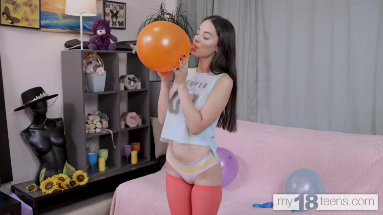 My 18 Teens: My18teens - Skinny Brunette Girl Blows up Colorful Balloons and Masturbates