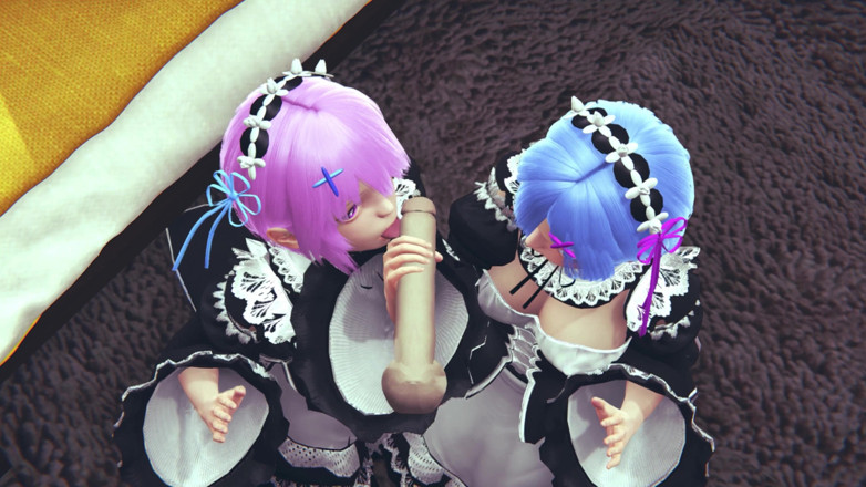 Waifu club 3D: Ram dan Rem menjilat zakar besar bersama-sama