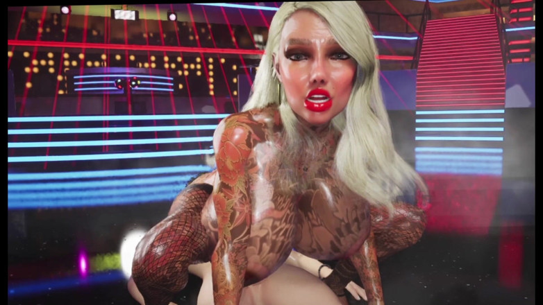 Denis animation: Mulher tatuada com seios cheios transando em discoteca