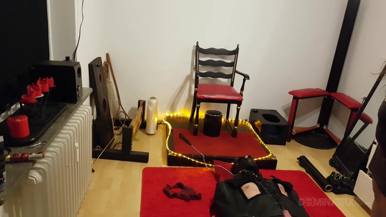 LadyPam: Busty Dominatrix Drenches Bound Slave in Sloppy Golden Shower
