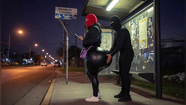 Animate golden: Латина з великою дупою в вузьких шкіряних штанях на автобусній зупинці роздягається до чорних шкіряних стрінгів