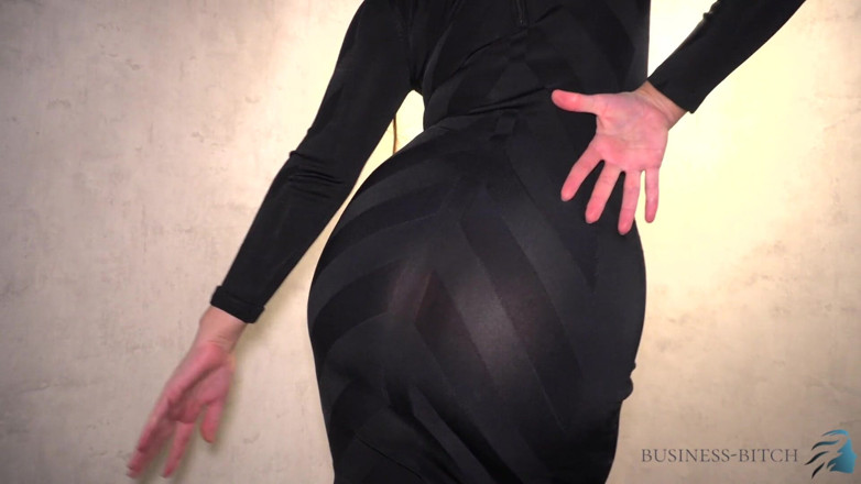 Business Bitch: Beauty in little black dress dick riding
