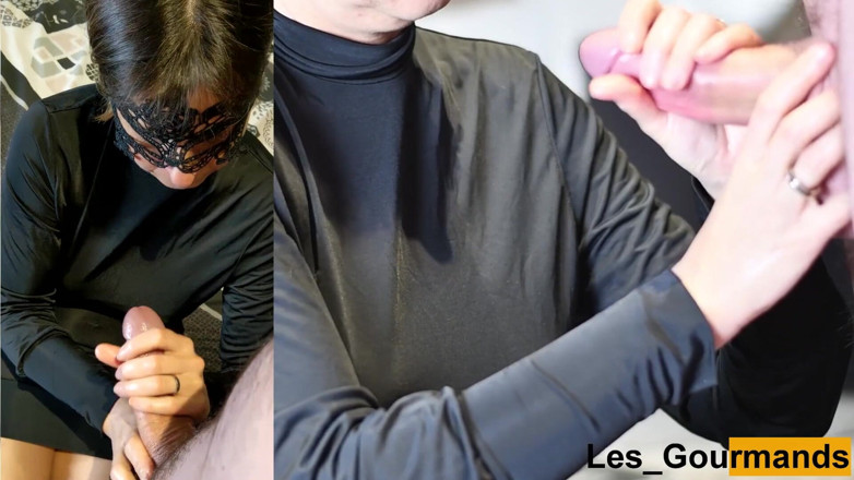 Les Gourmands: Une MILF suce en robe noire et se fait éjaculer sur...