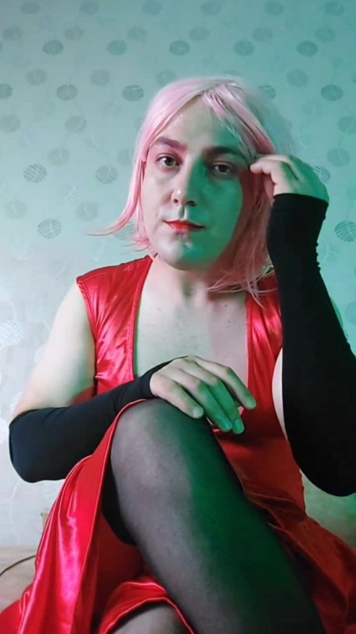 Kitty_Cross: Red Dressed Sexy Cute Young Femboy with Pretty Boobs