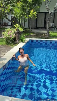 Outdoor Yoga Tree Pose & Tease in See-through Bodysuit in the Pool