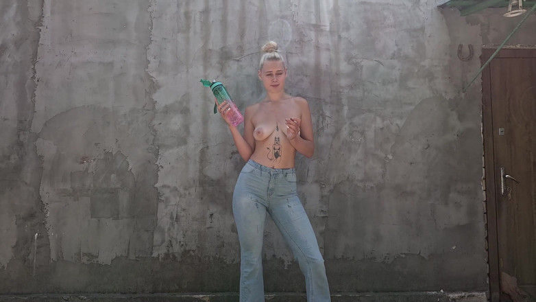 HotPrincessUA: Wet Jeans Shame: Desperate Topless Girl Peeing