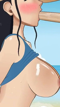 Nico Robin får halsen knullad som en liten slampa av Namis pojkvän på stranden