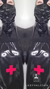Cum eating for Lady Valeska's rubber clinic