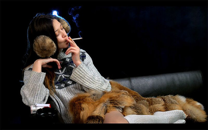 Russian Smokers: Seductive Russian Dream Smoking Cigarette Outdoor Escape