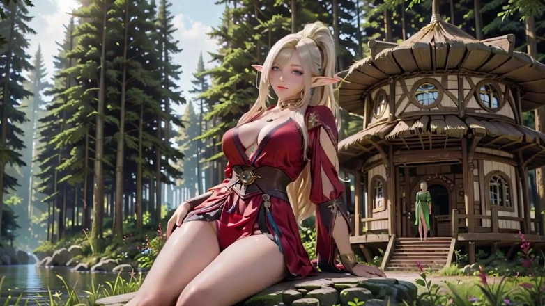 Seraphina Vale: Red Robe Elf Sorceress! Sun-dappled Forest Terrace, Kneeling Gaze That...