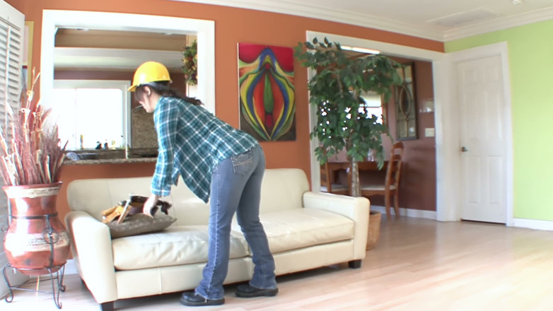 Lesbian Love Movies: Rimming on the Leather Couch - Long-haired Brunette Tongues Her Short-haired...