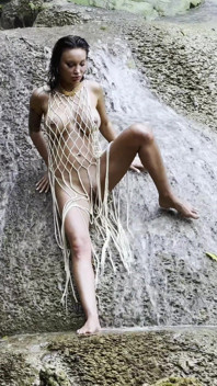 Wet Monika Fox in a Fishnet at Waterfall