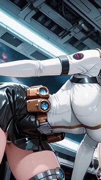 Momenti privati all'interno dell'avveniristica astronave dove la sua uniforme bianca è allungata alla perfezione