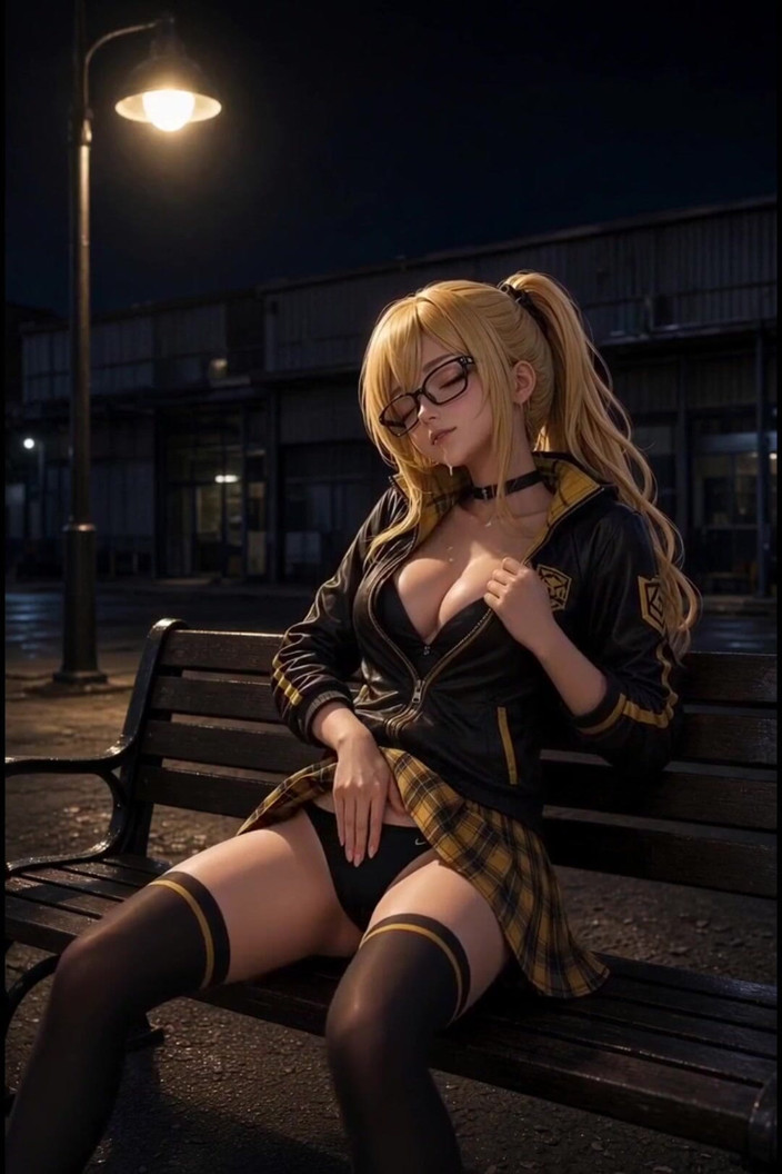 Wertstofsamler: Anime Gaming Cosplay Blondine Auf Bank Hinter Messegelände