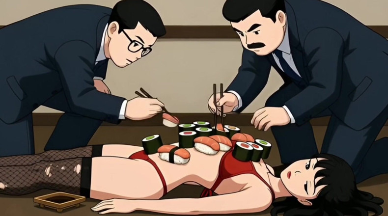 Octopussy Lovers Club: Sushi-mädchen: reiche typen essen essen vom körper einer sexy schlampe...