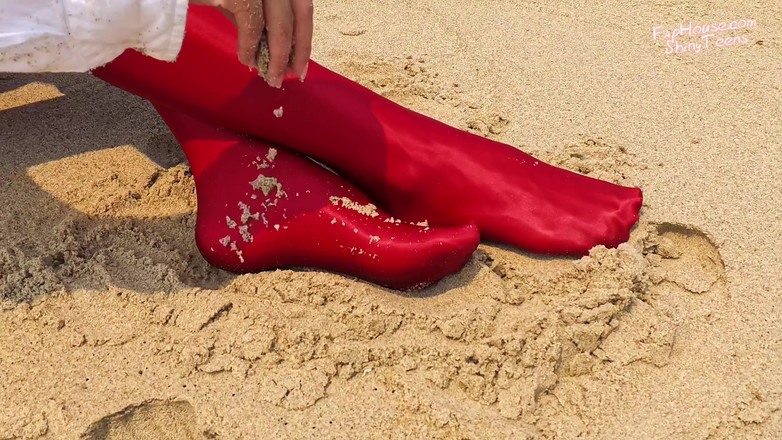 Shiny teens: 897 Shiny Red Spandex Pantyhose on the Beach