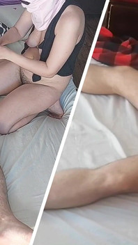 Pipe avec une femme amateur, chatte poilue, gros cul. Préliminaires romantiques, couple amateur.
