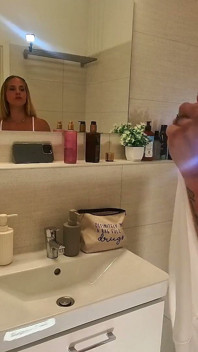 Beautiful Yoga Teacher Hot Blonde in a Half Transparent Mini Dress Goes Full Naked in the Bathroom