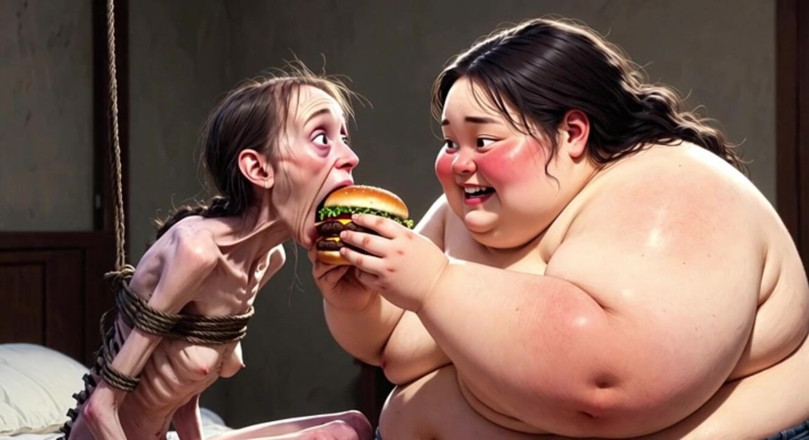 YOUR BEST FANTASY: Skinny Girl Getting Fed by Huge Fat Woman - Contrast Feeding...
