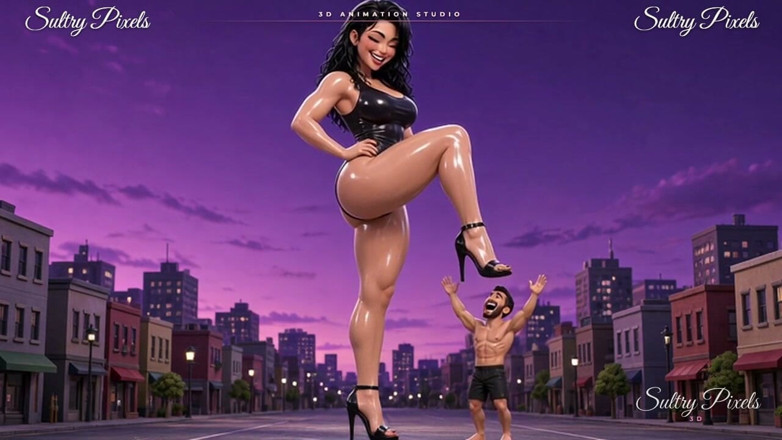 Sultry Pixels 3D: Geölte Riesin in high heels türmt sich über einen kleinen mann -...