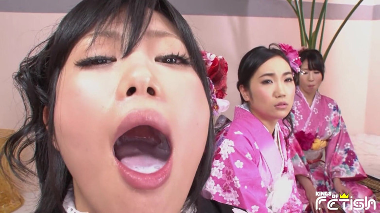 Pure Japanese adult video ( JAV): Three Japanese babes blow a group of men with hairy...