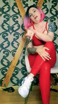Lady Angela Bare Feet and Sneakers Red Latex Leggings Fetish Femdom