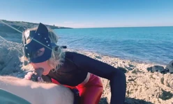 Seafront Blowjob with Red Latex Pants and Trasparent Shirt...