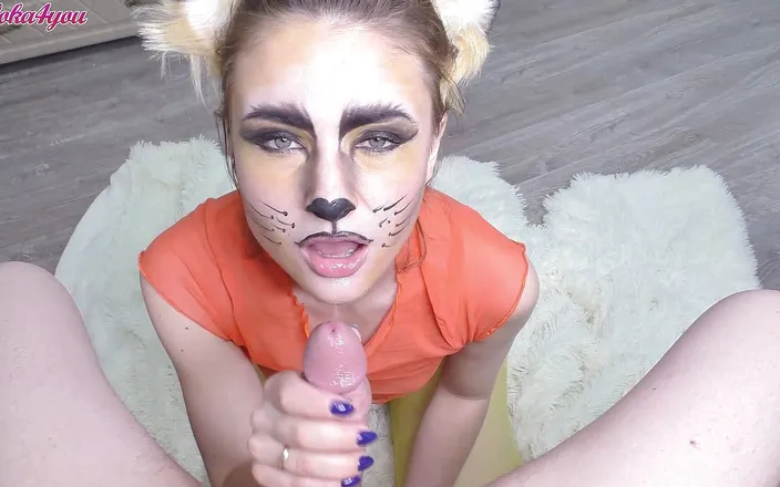 Laloka4you: Girl in fox suit sucks cock and licks cum