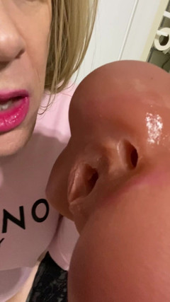 Crossdresser Shemale Cums Hands Free on Cock and Pussy Then Licks the Cum off
