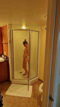 Hubby Checking up While I'm Shooting a Little Shower Video